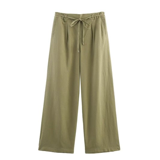 Hazel | Casual Wide Leg Linen Trousers Cream Drawstring