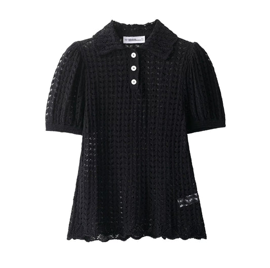 Amelia | Black Chic Crochet Knit Puff Sleeve Polo Top