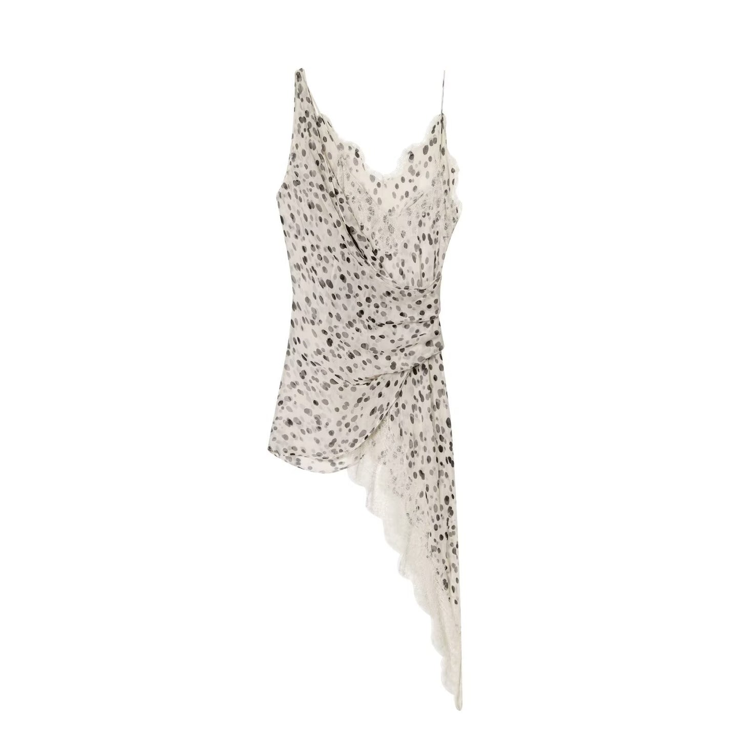 Margot | Polka Dot Slip Dress Cream Lace Trim Asymmetric