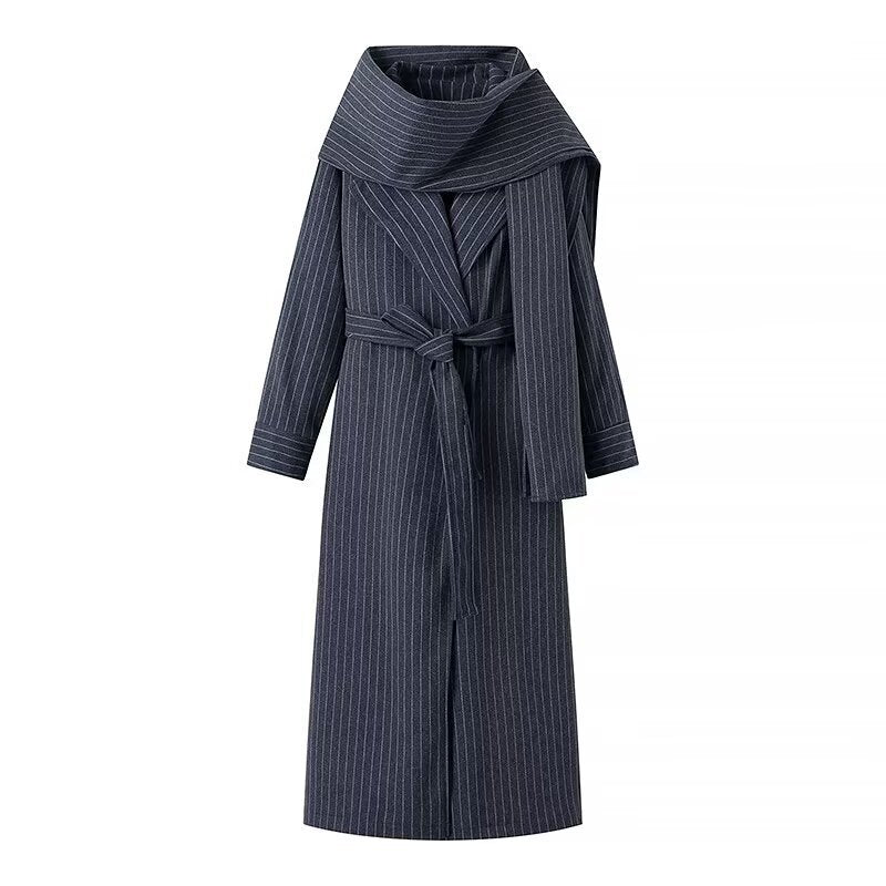 Edie | Elegant Pinstripe Tailored Coat Navy Long Belted