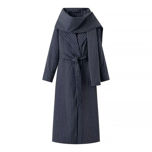 Edie | Elegant Pinstripe Tailored Coat Navy Long Belted