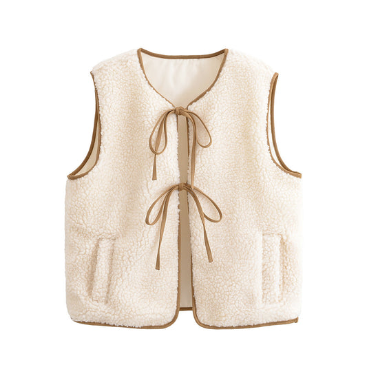 Camille | Sleeveless Tie Front Cardigan Cream Textured