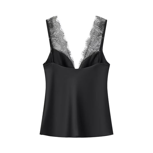 Fern | Elegant Lace Satin Cami Top Black V Neck Sleeveless