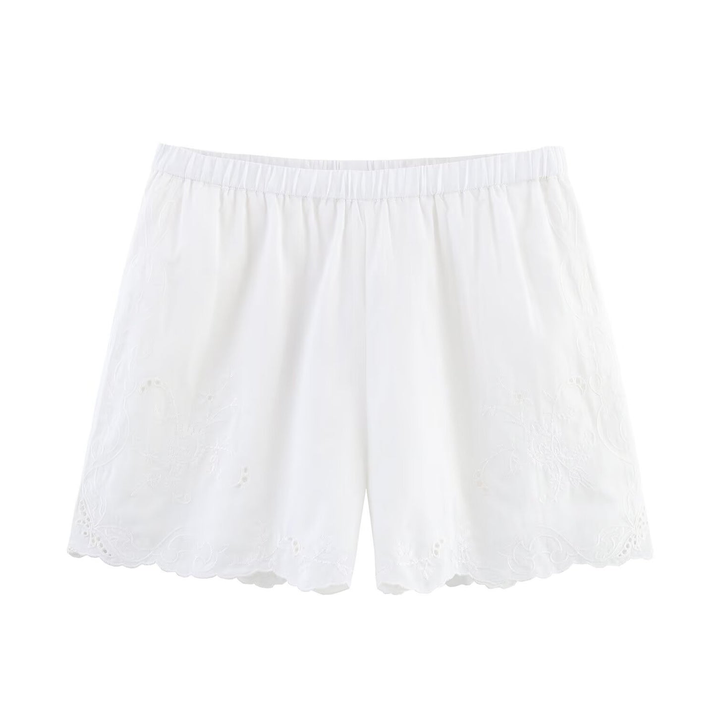 Thea | White Linen Shorts High Waisted Eyelet Scallop Hem