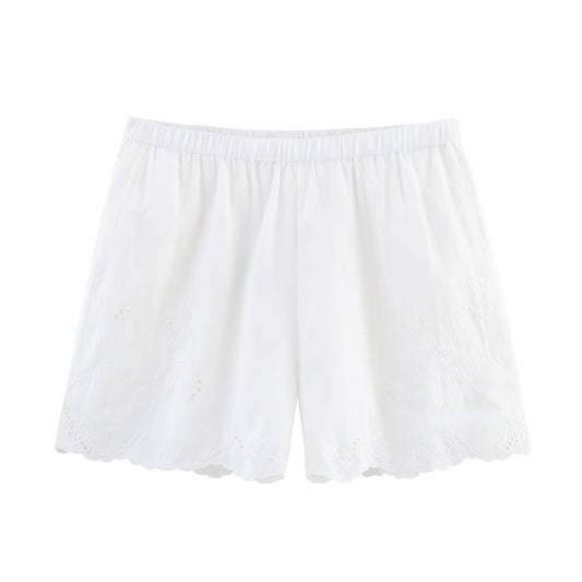 Thea | White Linen Shorts High Waisted Eyelet Scallop Hem