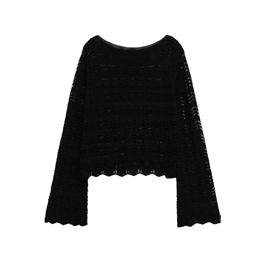 Camille | Crochet Top Black Long Sleeve Crop Lace