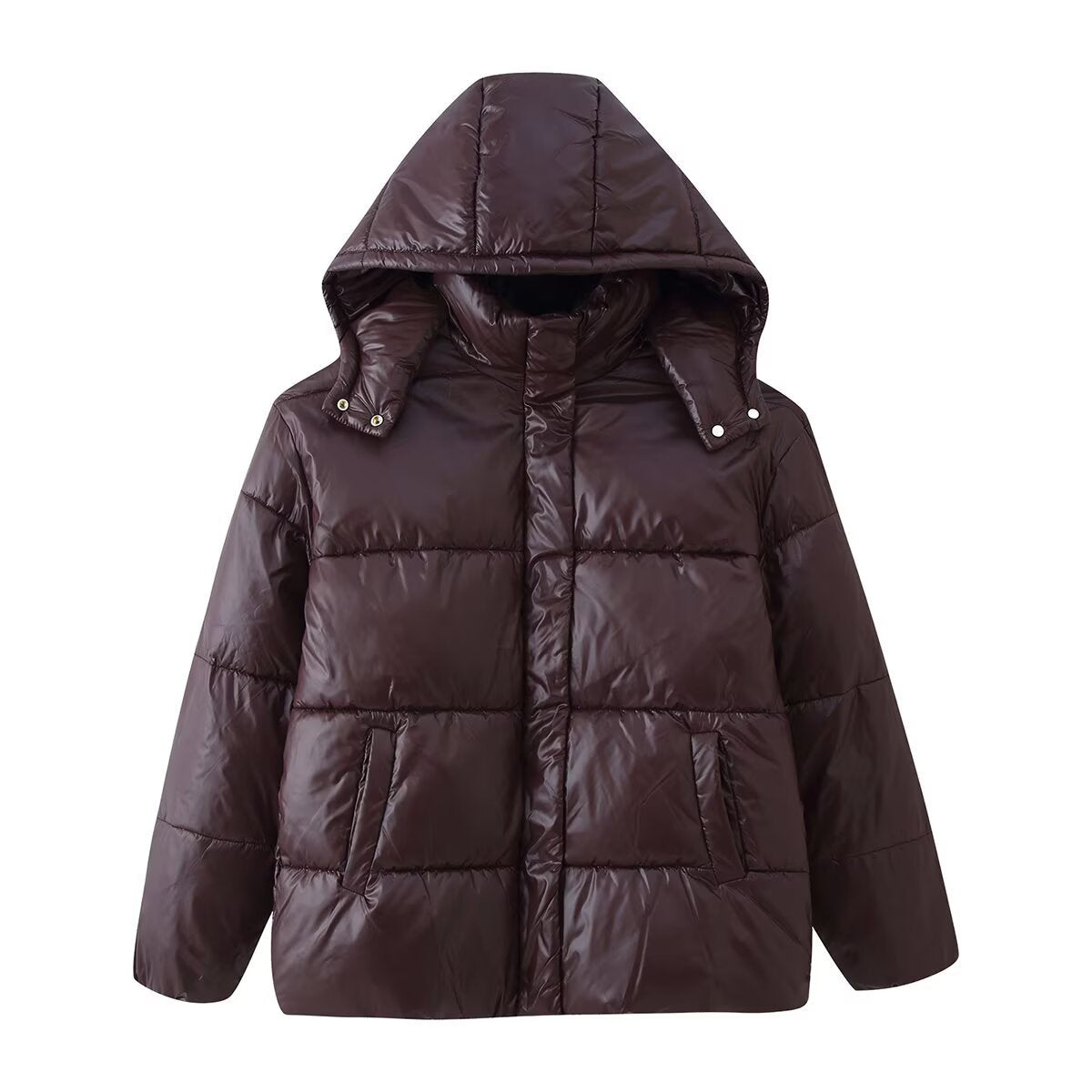Faye | Winter Puffer Jacket Quilted Brown Hooded Long Sleeve