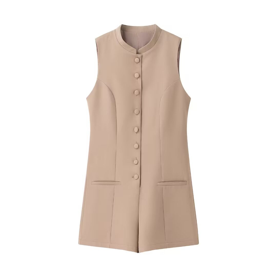 Sage | Elegant Tailored Shorts Romper Cream Sleeveless