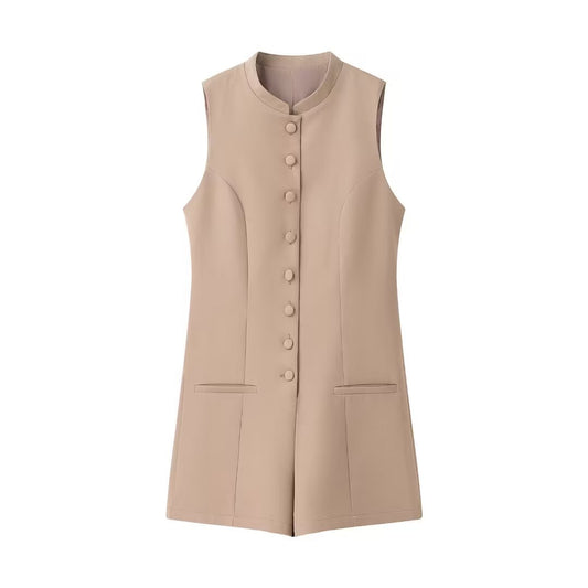 Sage | Elegant Tailored Shorts Romper Cream Sleeveless