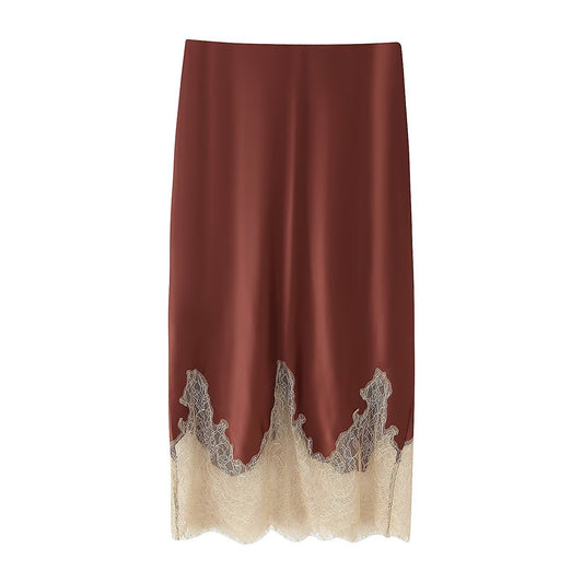 Etta | Satin Midi Skirt Brown Lace Trim