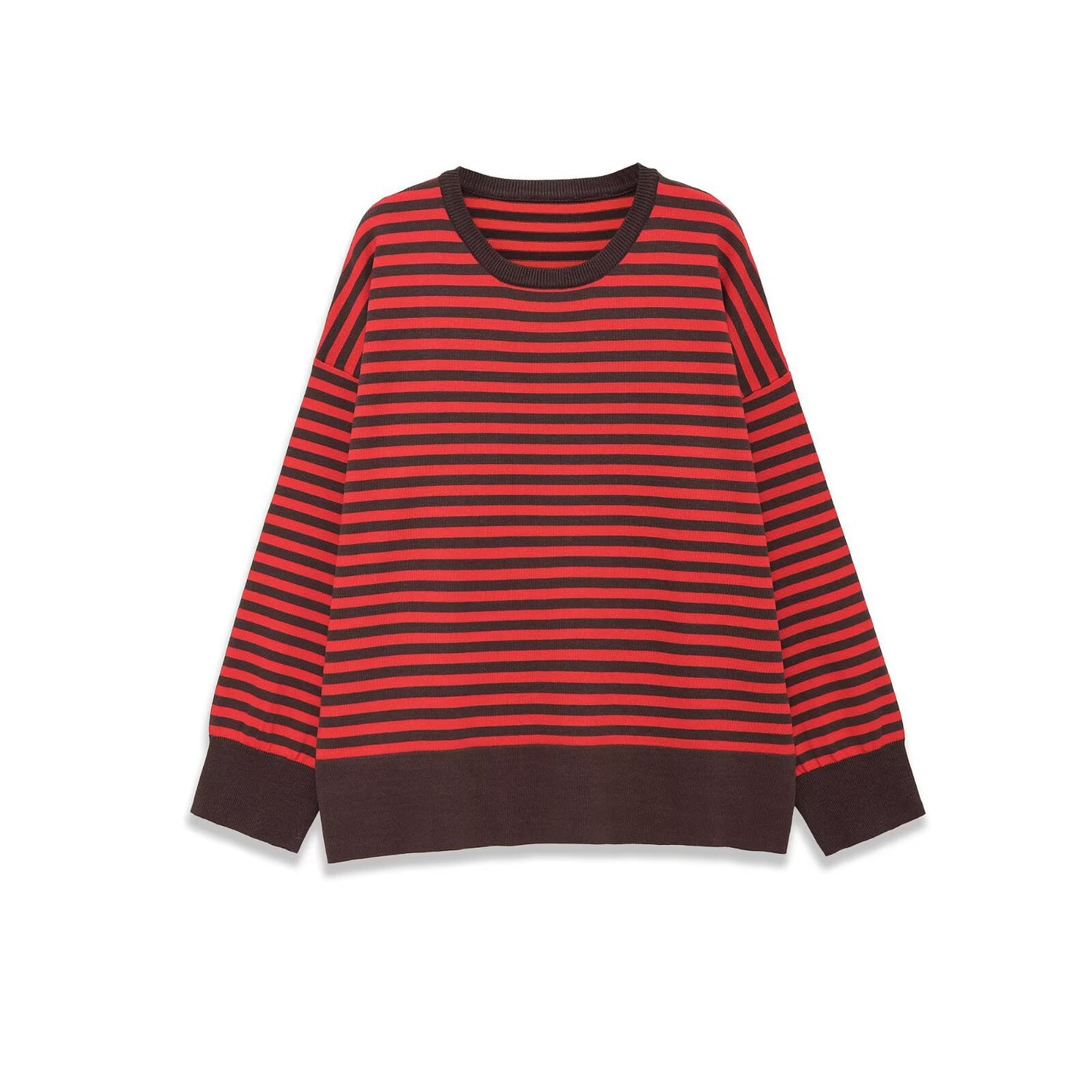 Lara | Striped Long Sleeve Top Red Trim Oversized Crew Neck Cotton