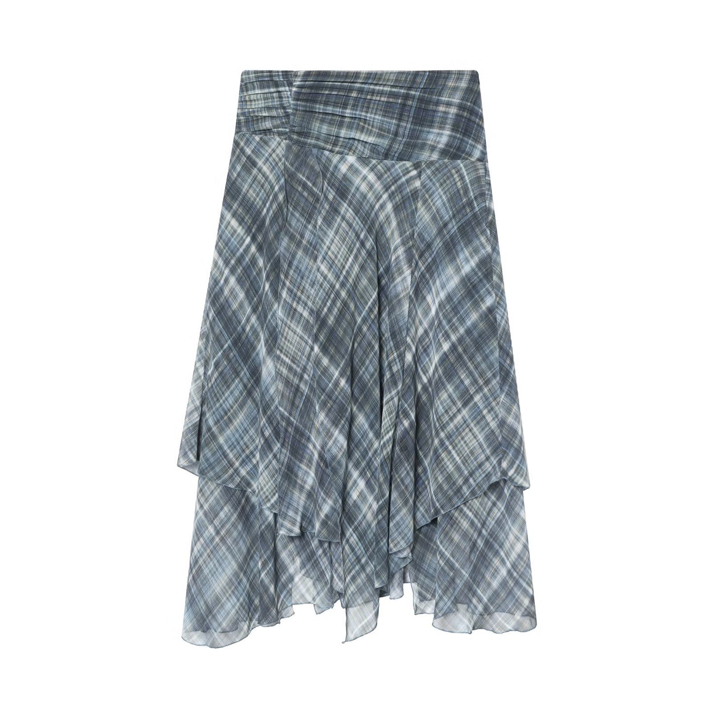 Briar | Summer Pleated Midi Skirt Light Blue Checked Tiered Asymmetric