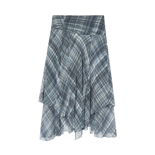 Briar | Summer Pleated Midi Skirt Light Blue Checked Tiered Asymmetric