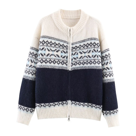 Kira | Winter Knitted Cardigan Brown Cream Fair Isle Zip Up
