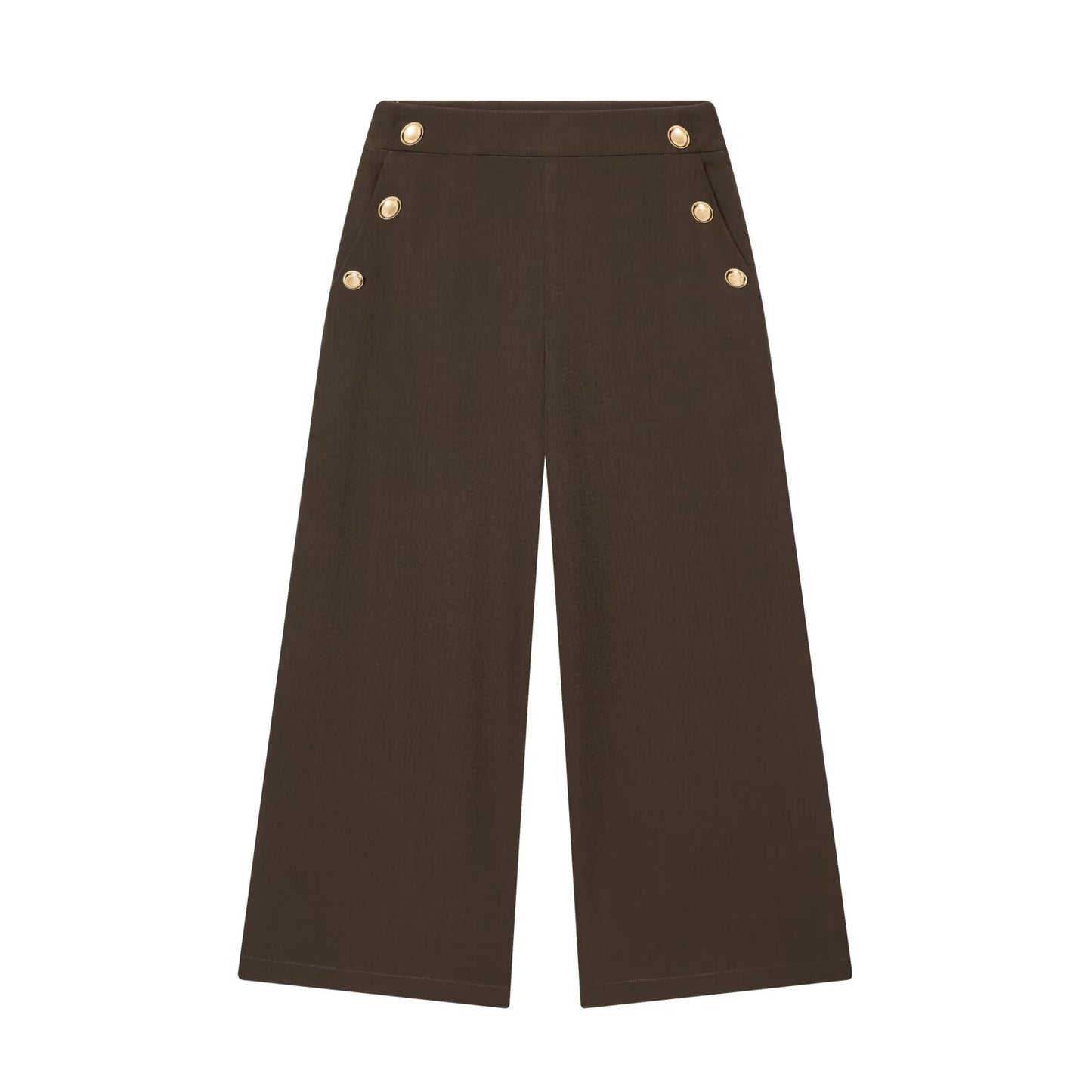 Maren | High Waisted Wide Leg Pants Beige Button Pocket