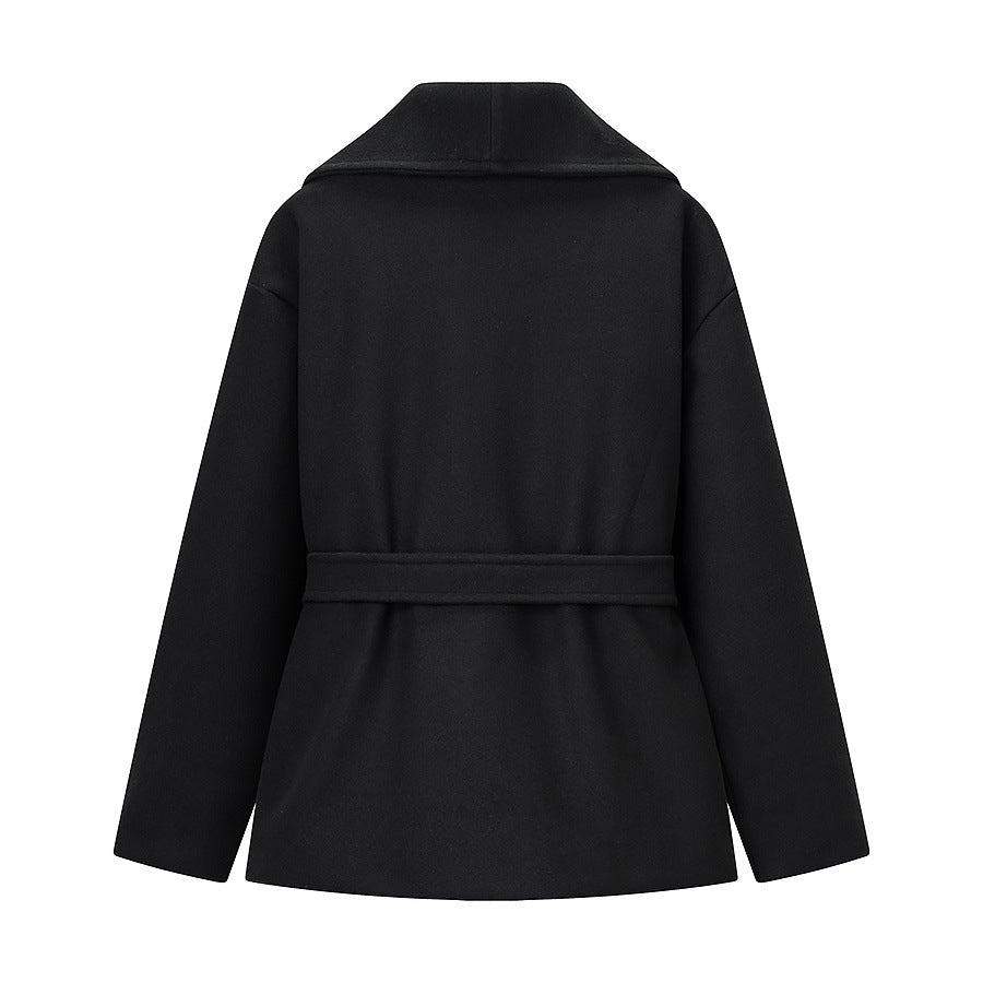 Demi | Elegant Black Belted Jacket Coat Wrap Collar Long Sleeve