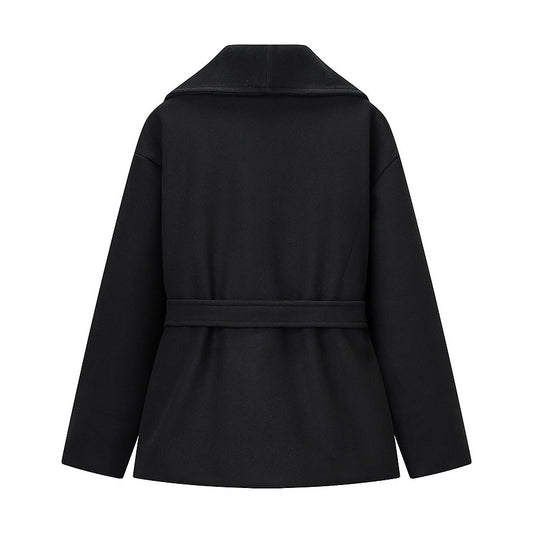 Demi | Elegant Black Belted Jacket Coat Wrap Collar Long Sleeve