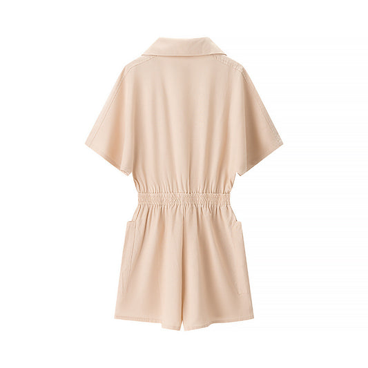 Liv | Casual Shirt Romper Cream Short Sleeve Elastic Waist