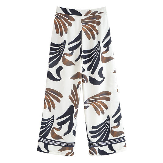 Sienna | Casual Wide Leg Trousers White Abstract Print