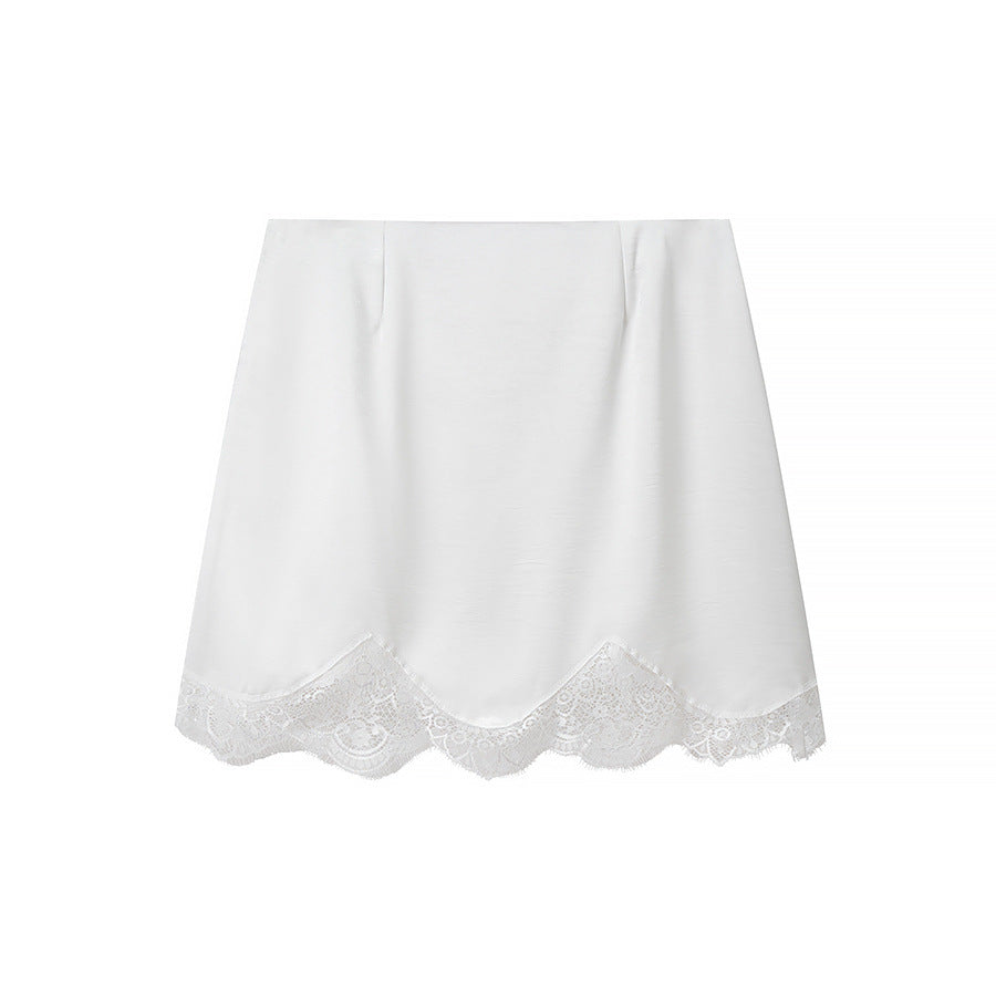 Liv | Satin Mini Skirt Pink Lace Trim