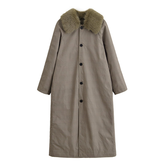 Thea | Long Puffer Coat Olive Faux Fur Collar Button Front