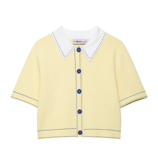 Poppy | Yellow Knit Short Sleeve Polo Cardigan with Contrast Stitching