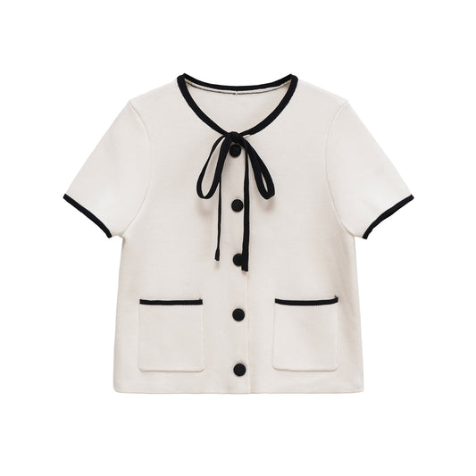 Thea | Coquette Tie Neck Blouse White Short Sleeve Button Front Pockets