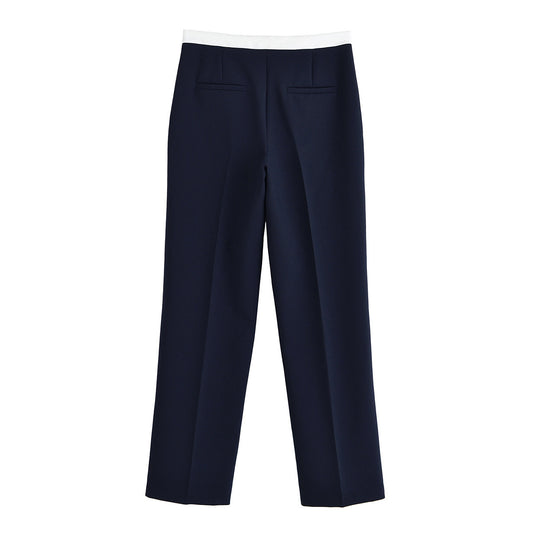 Vera | Wide Leg Tailored Pants Navy High Waisted White Waist
