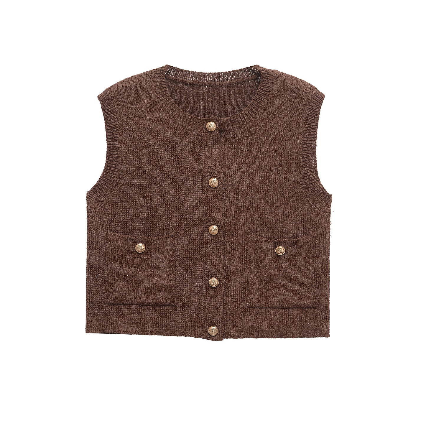 Sia | Sleeveless Knitted Cardigan Grey Button Front Cropped Pockets