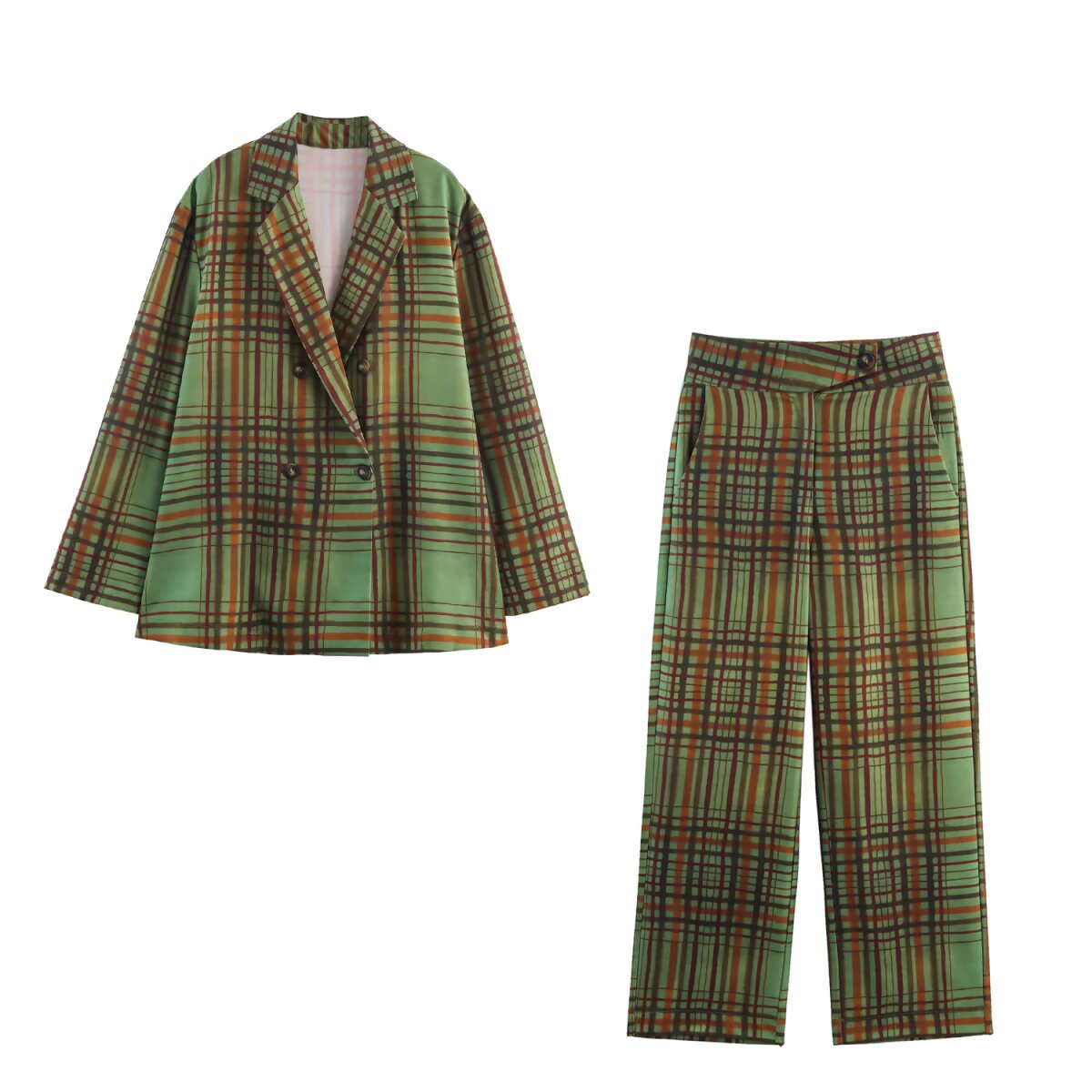 Thea | Plaid Blazer And Pants Set Green Double Breasted