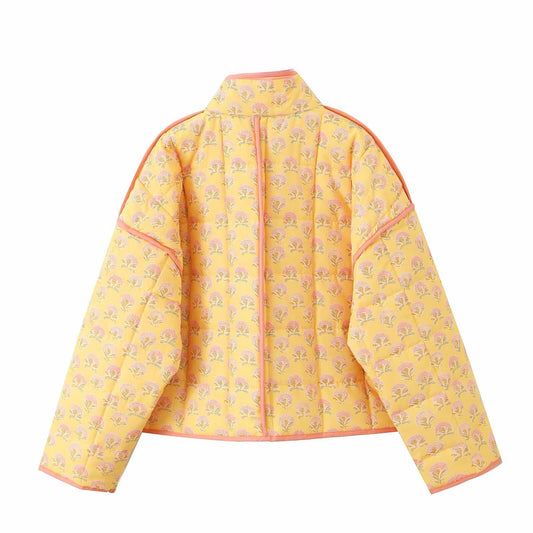 Greta | Quilted Jacket Yellow Floral Print Zip Up Lightweight