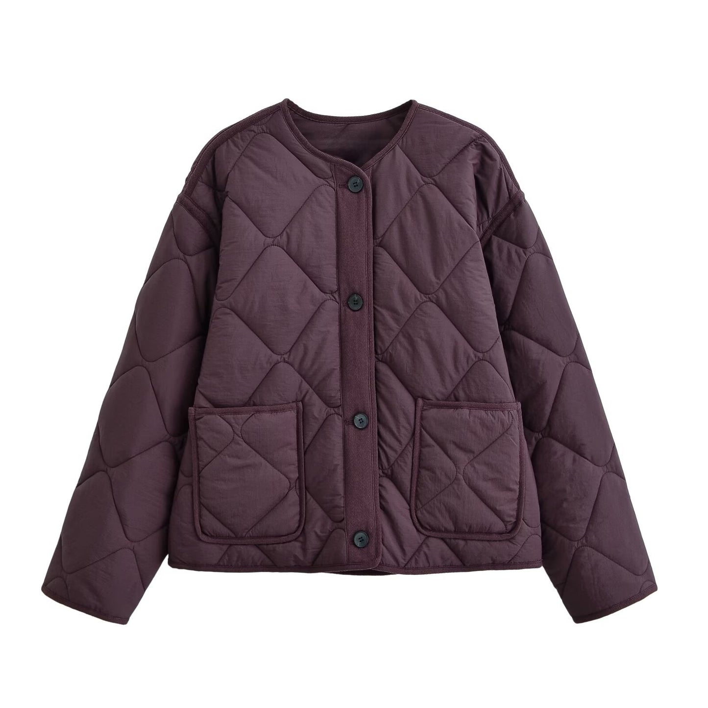 Vera | Autumn Quilted Jacket Purple Collarless Button Front