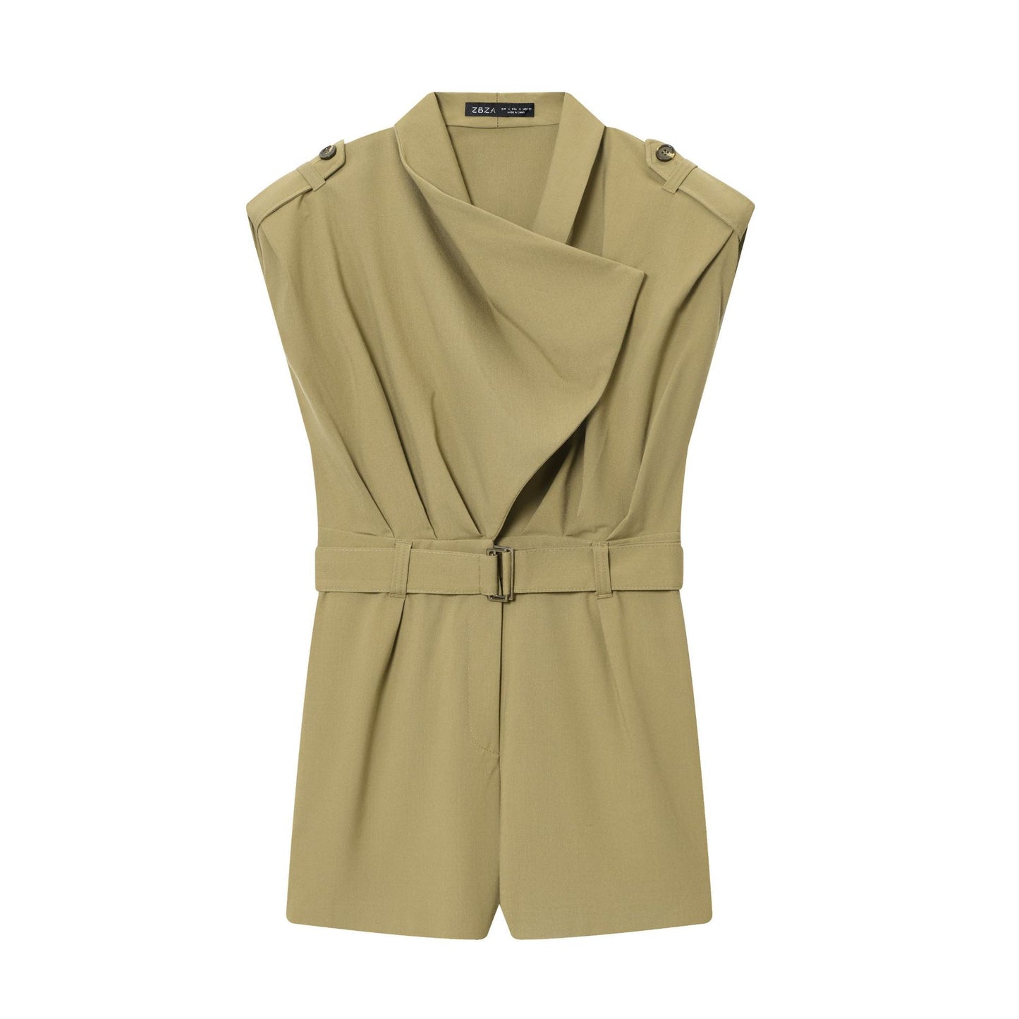 Quin | Elegant Belted Utility Shorts Jumpsuit Khaki