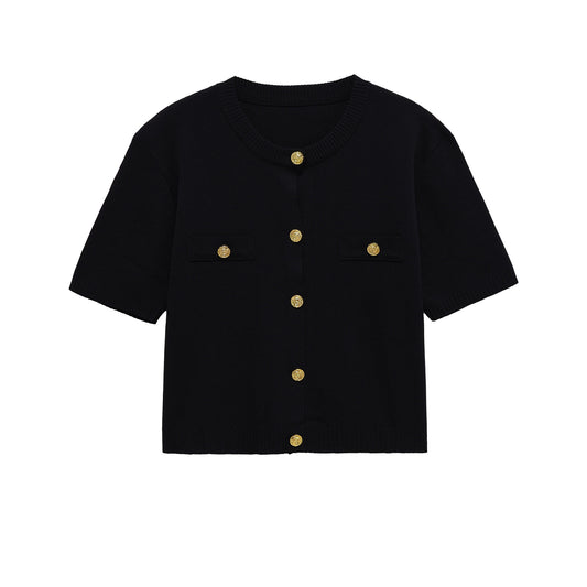 Ayla | Summer Knitted Cardigan Yellow Short Sleeve Cropped Gold Button