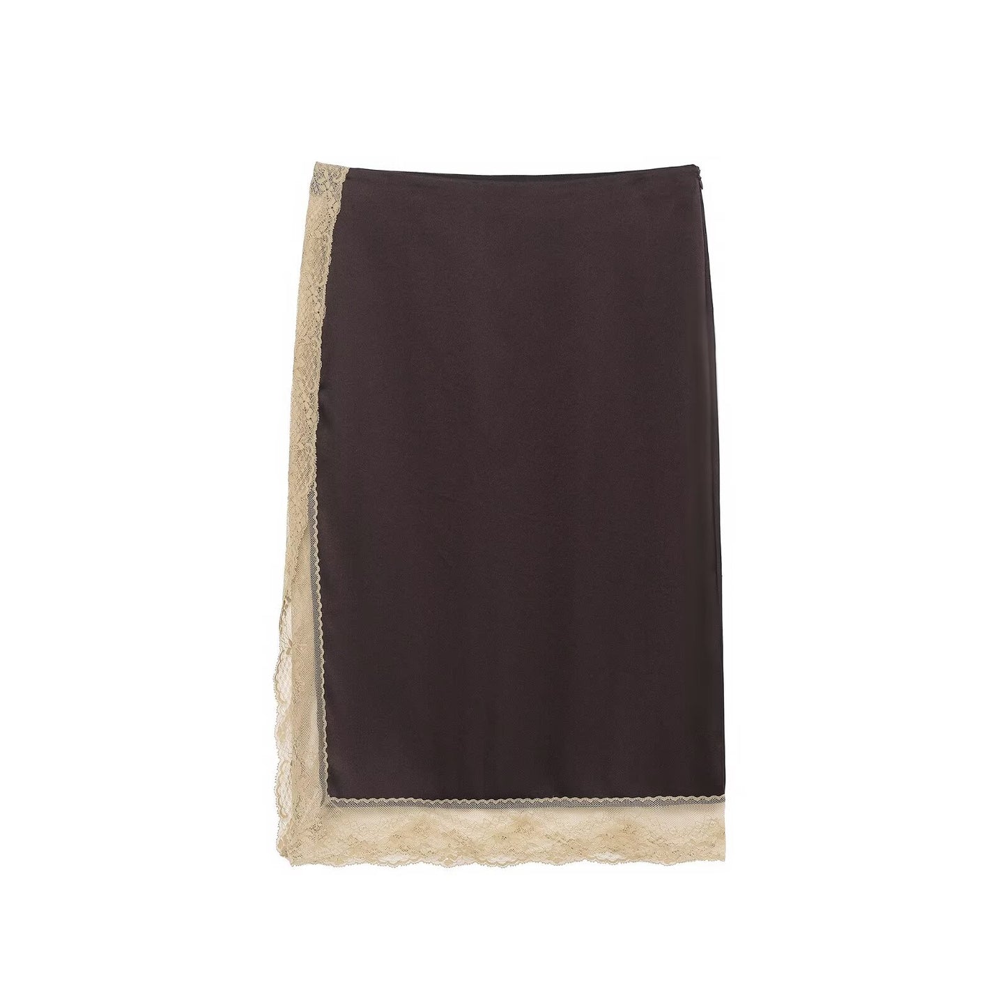 Sage | Lace Midi Skirt Brown Satin Slip Panel Hem