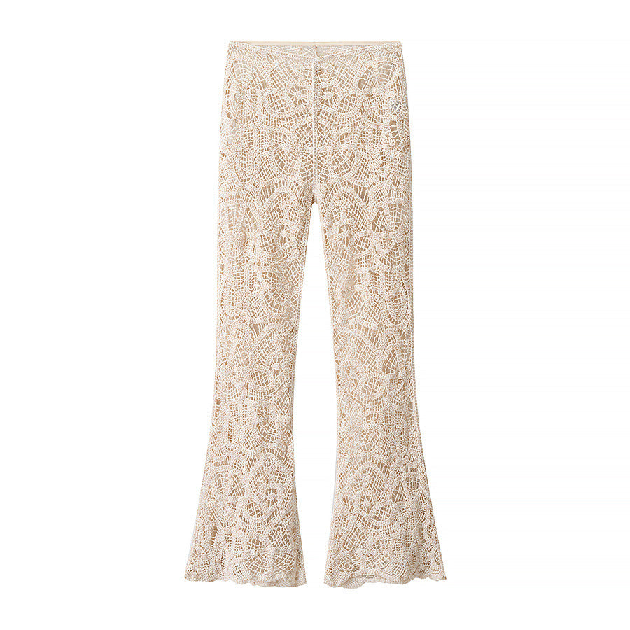 Uma | Casual Flared Crochet Trousers Cream