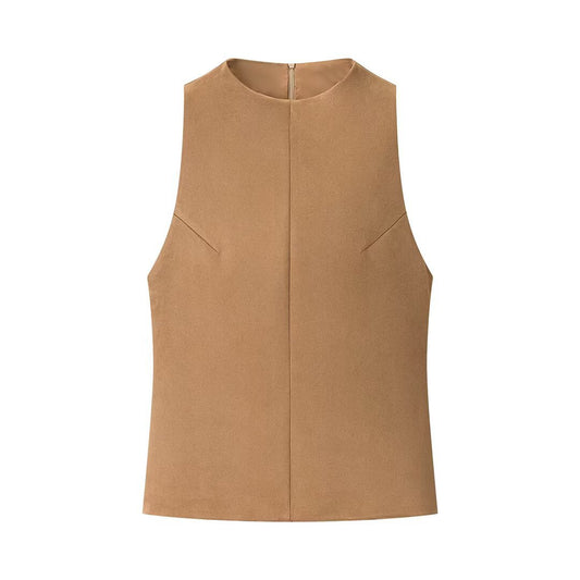 Viola | Vest Top Beige Sleeveless Fitted Suede