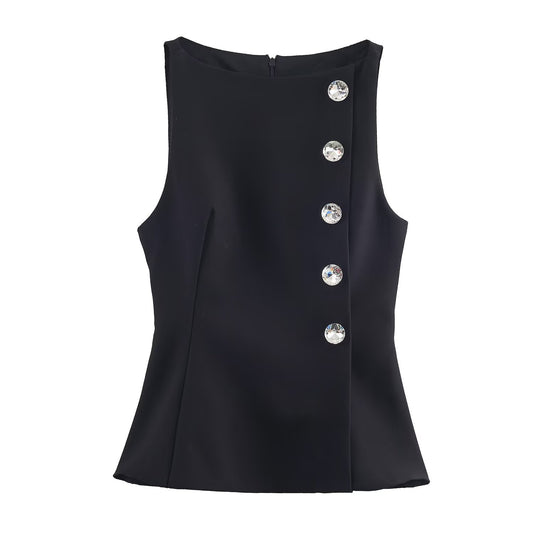 Zuri | Elegant Peplum Top Black Sleeveless Fitted Button Detail