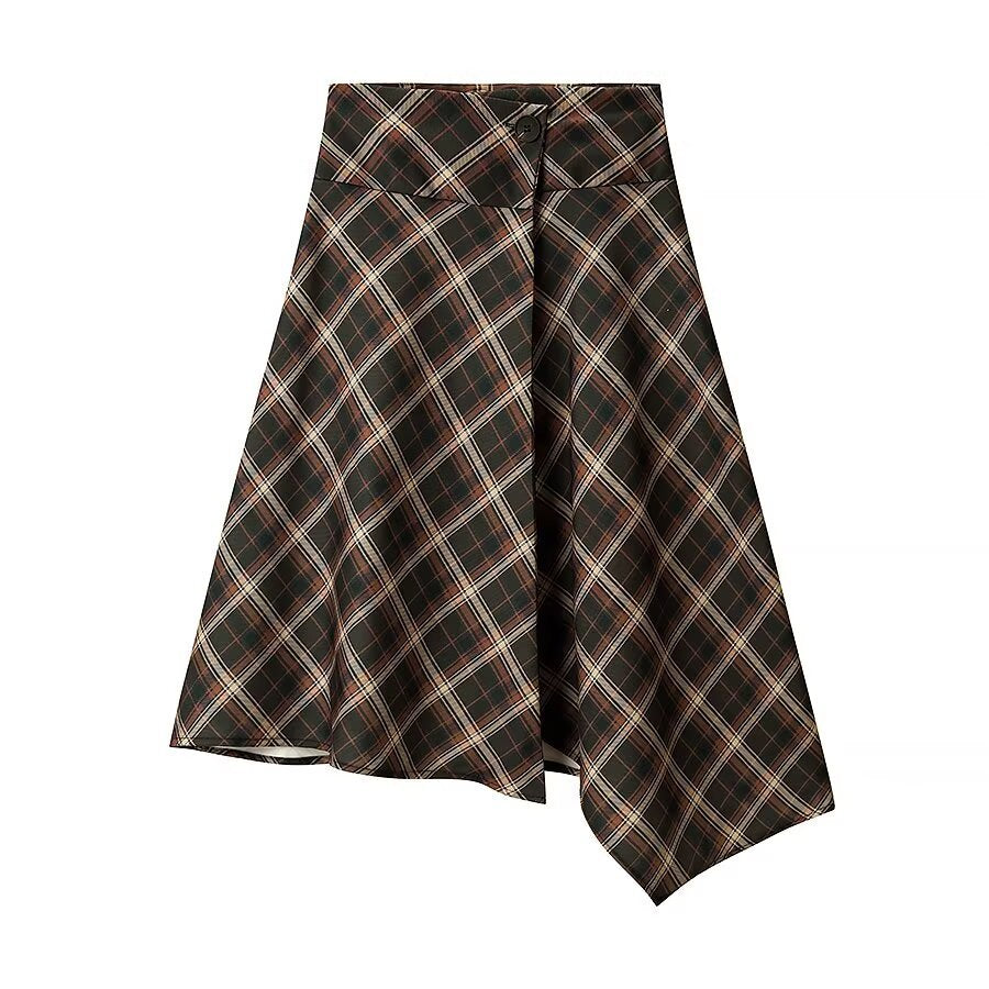 Briar | Autumn Asymmetric Midi Skirt Brown Check A Line