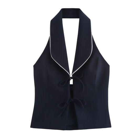 Sia | Halter Neck Top Navy Tie Front Sleeveless Backless