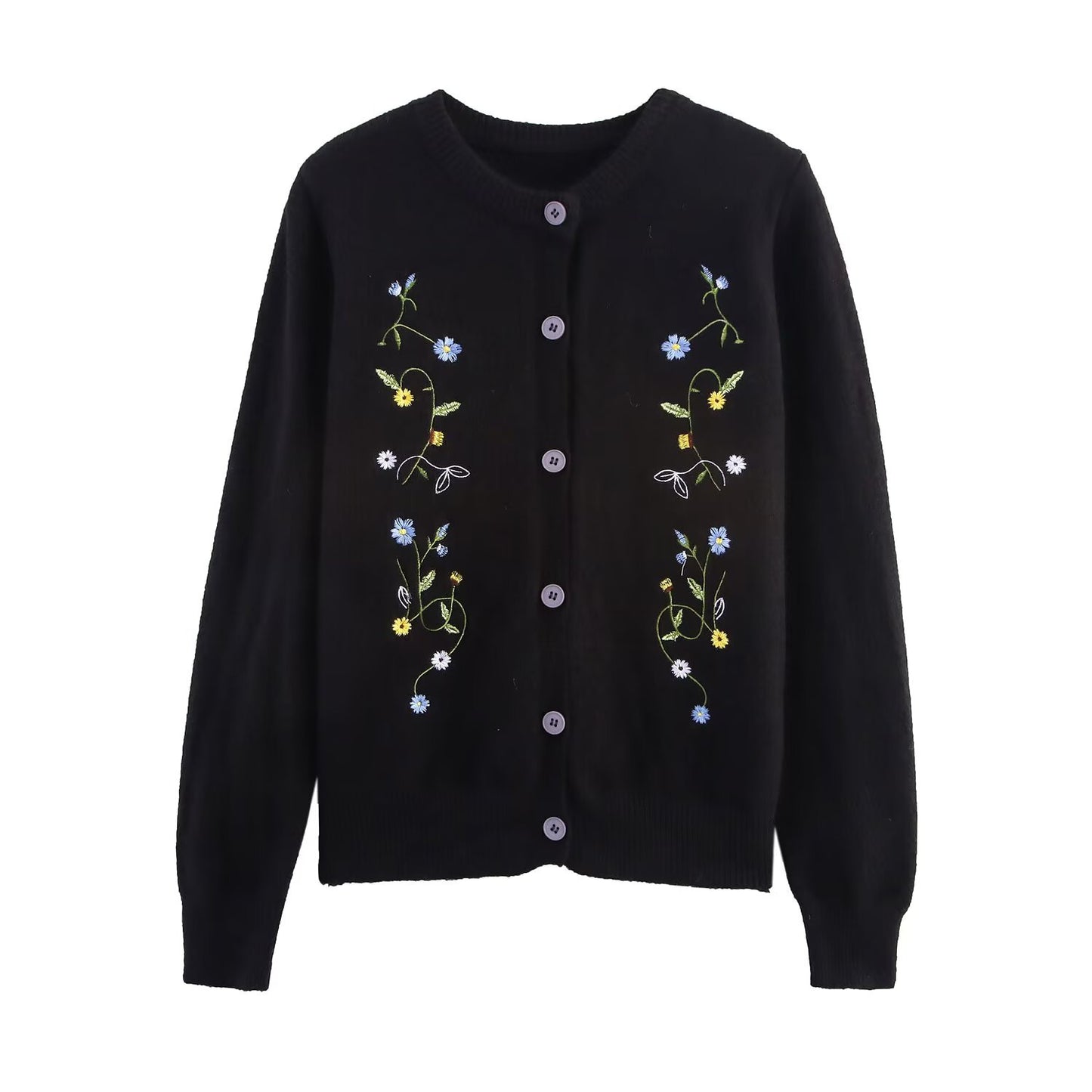 Fern | Grey Cardigan Knitted Embroidered Floral Long Sleeve Button Front