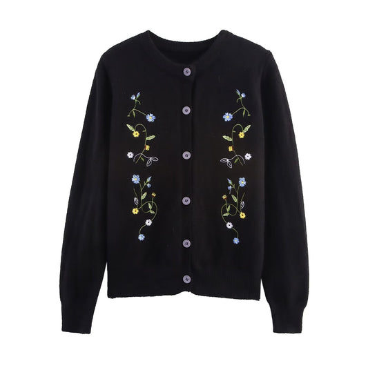 Fern | Grey Cardigan Knitted Embroidered Floral Long Sleeve Button Front