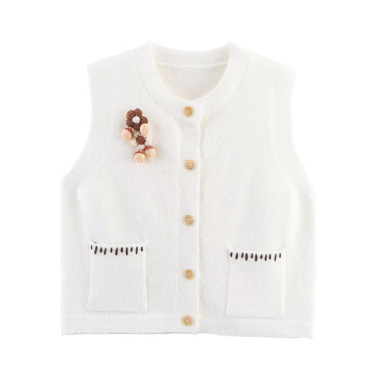 Margot | Sleeveless Knit Vest Cream Button Front Pocket Detail
