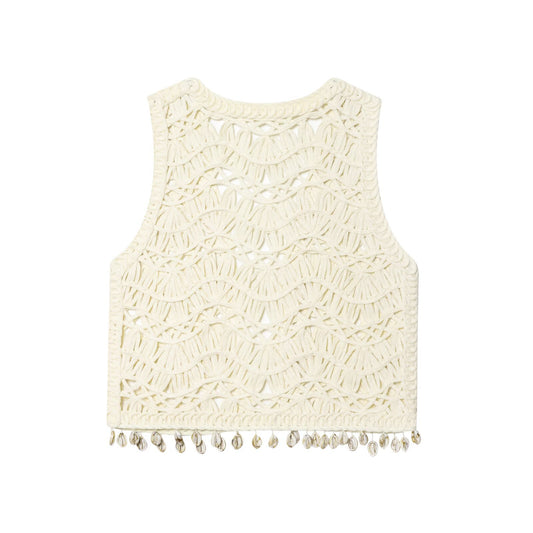 Vera | Crochet Sleeveless Cardigan Cream Tassel Open Knit