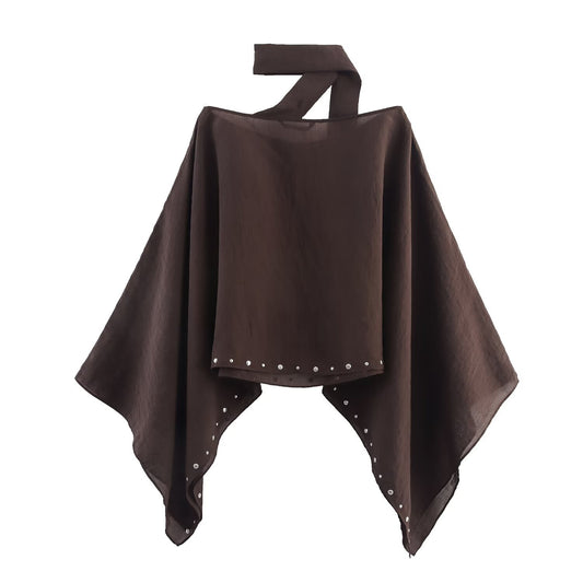 Wren | Studded Sheer Cape Top Brown Asymmetric Collar