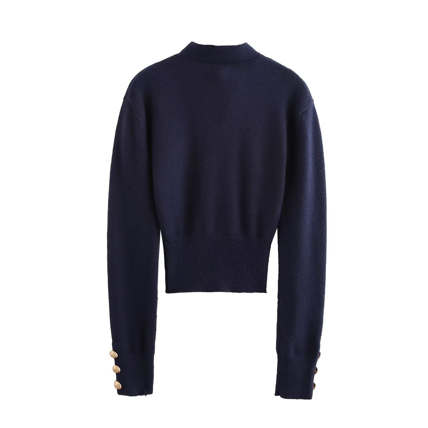 Vera | Tie Neck Button Blouse Navy Long Sleeve Cropped