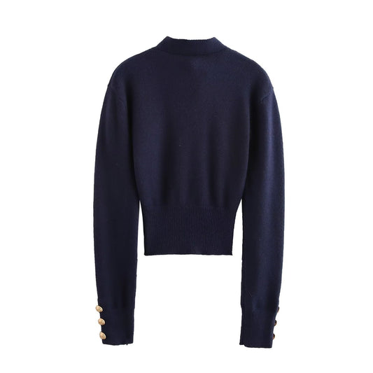 Vera | Tie Neck Button Blouse Navy Long Sleeve Cropped