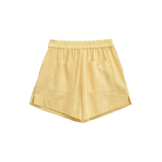 Ayla | Summer Linen Shorts Yellow High Waisted Elasticated Button