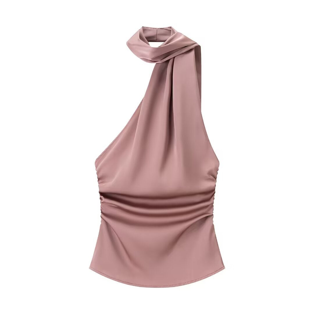 Flora | Elegant Halter Neck Top Pink Satin Sleeveless Ruched