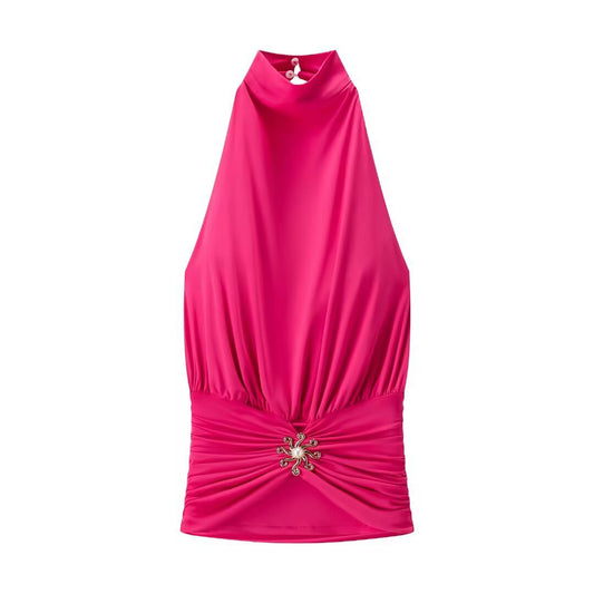 Jules | Elegant Halter Neck Top Cream Ruched High Neck Sleeveless